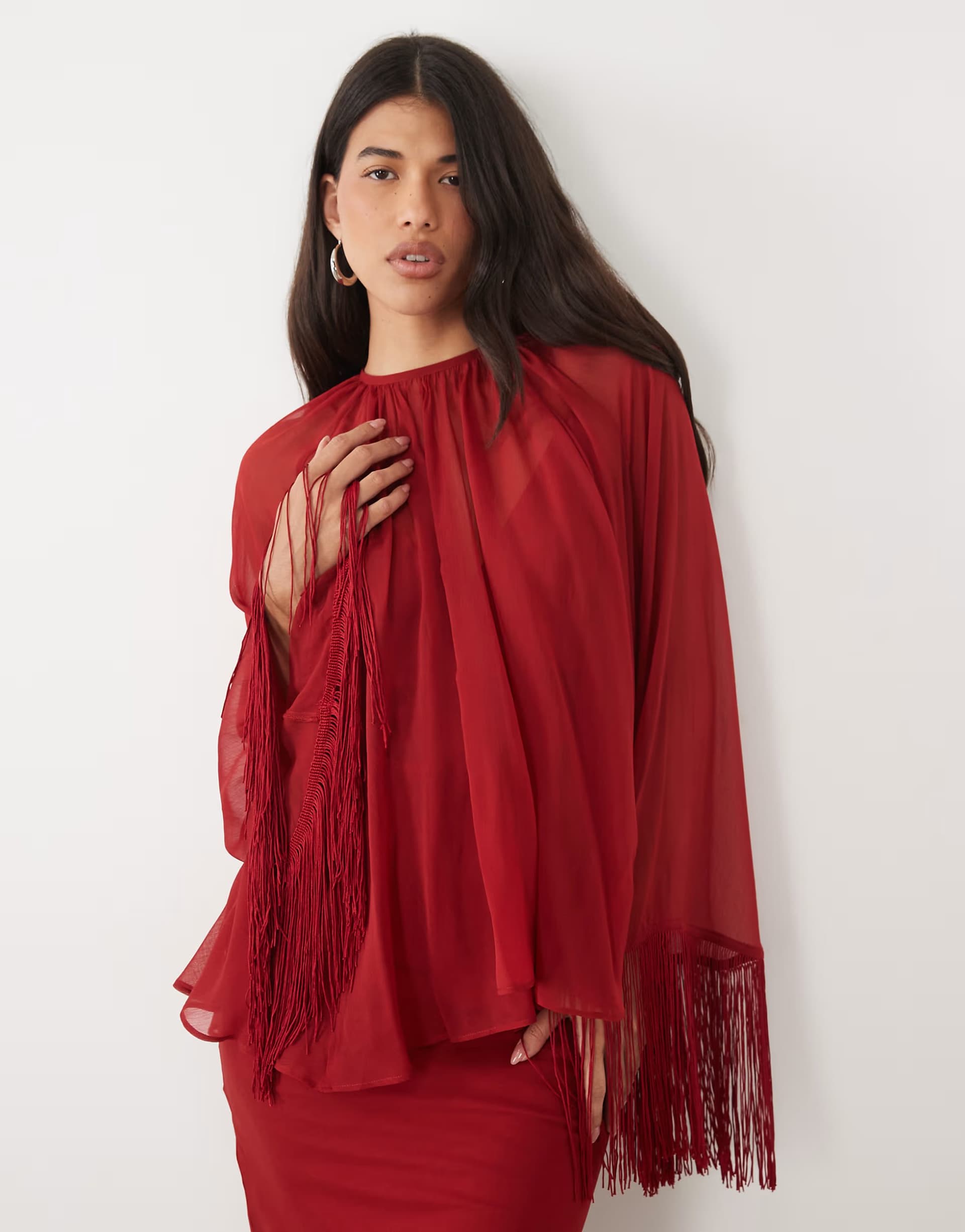 ASOS ASOS DESIGN overlay layered fringe hem sleeve maxi dress in red