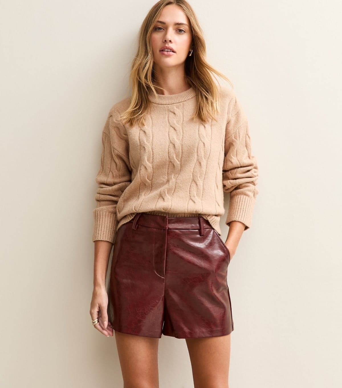 New Look Women's Dark Burgundy Cracked Texture Faux Leather Shorts New Look