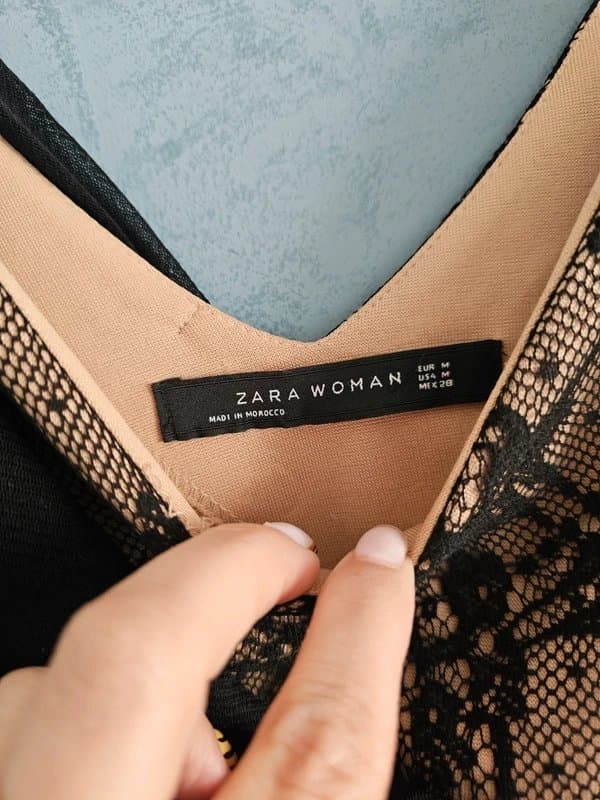 Zara Zara black and beige lace one long sleeve ruched mesh detail dress