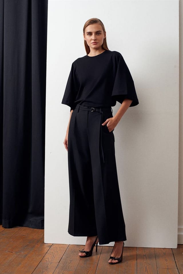 Dilvin Dilvin Women's Wide-leg Belted Crepe Trousers in Black - 3