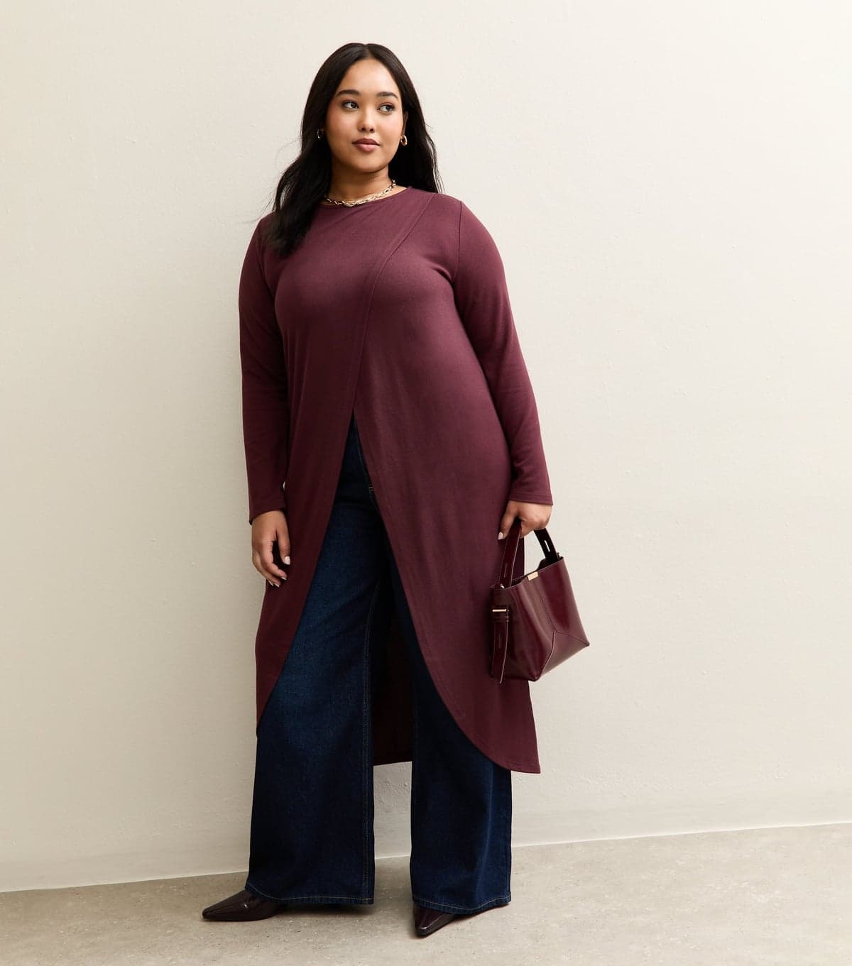 New Look Women's Plus Size Dark Burgundy Soft Touch Longline Wrap Top Curves New Look
