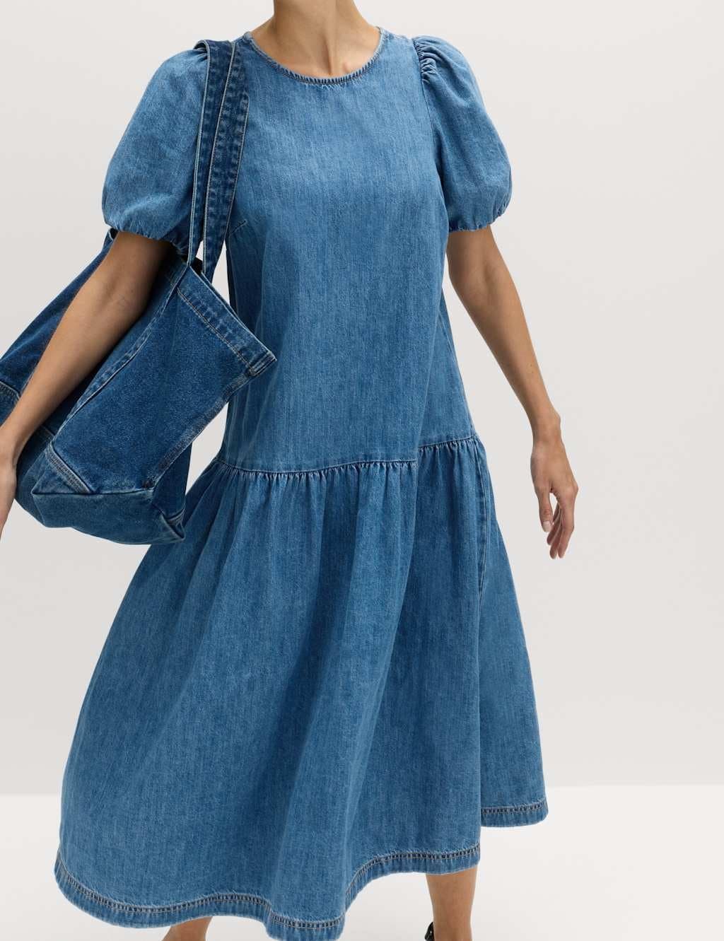 Marks & Spencer M&S Denim Puff Sleeve Midi Drop Waist Dress Denim