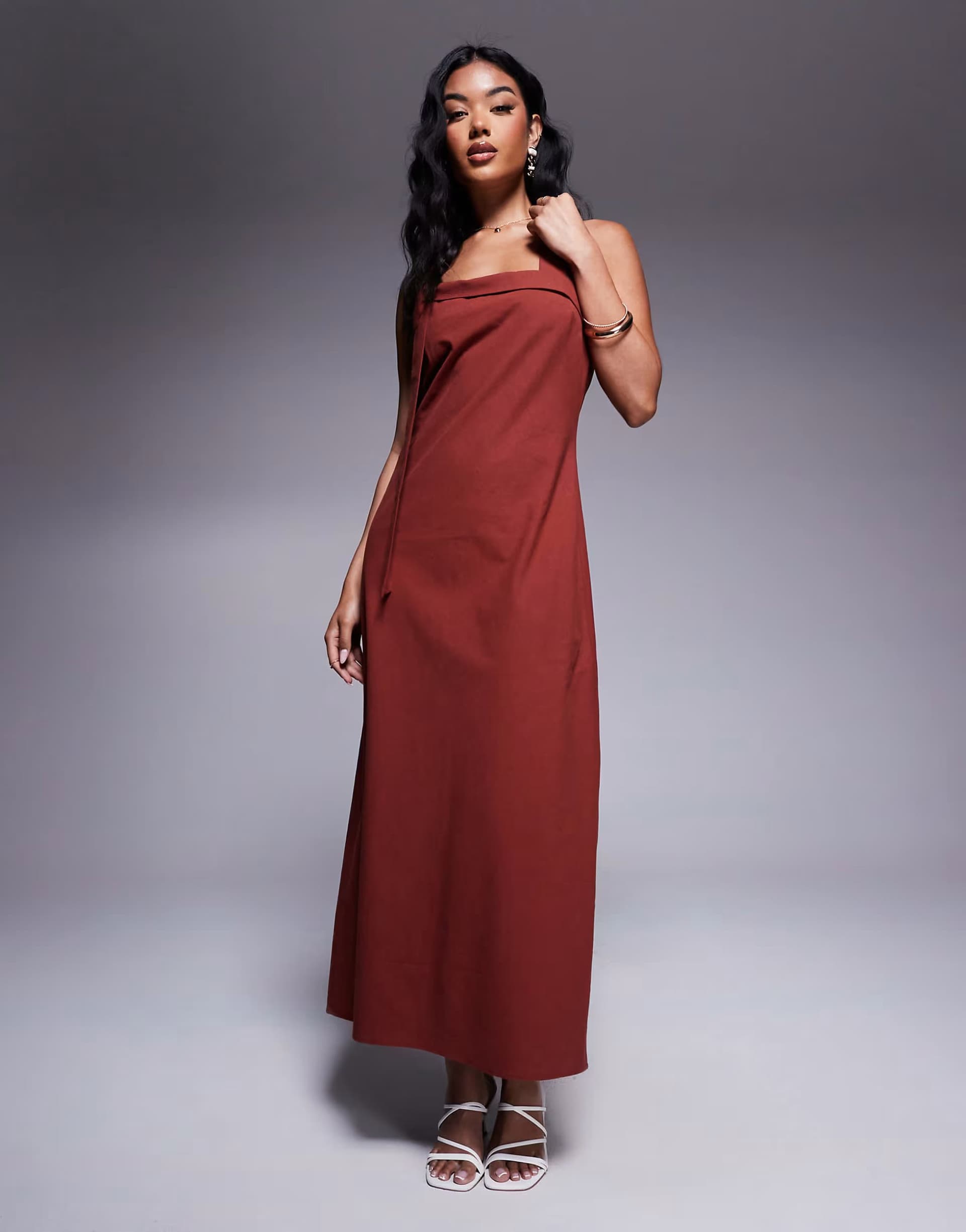 ASOS ASOS DESIGN halter neck maxi dress with knot detail in toasted brown
