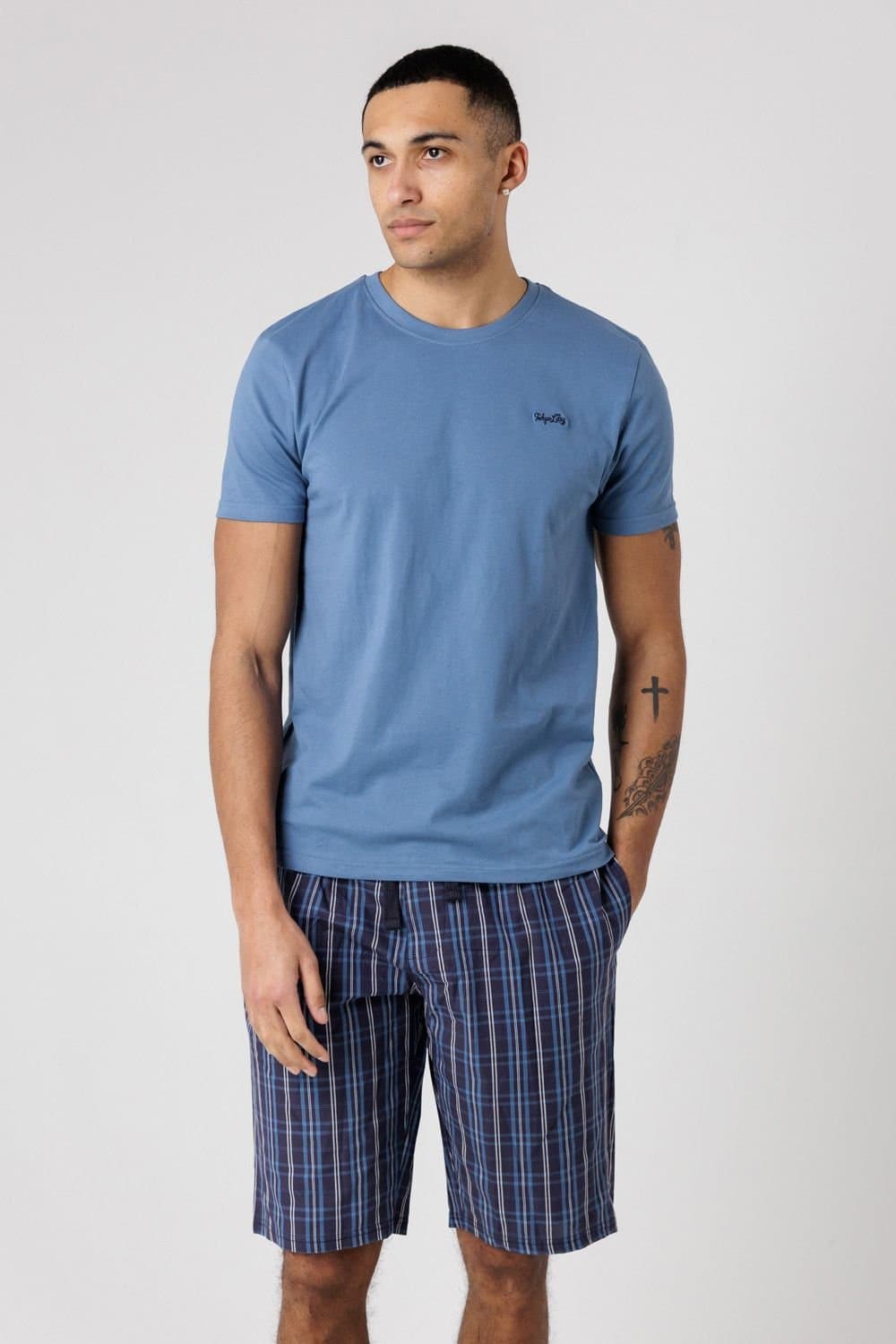 Tokyo Laundry Tokyo Laundry Men's Crew Neck T-Shirt & Checked Shorts Pyjama Set in Mid Blue