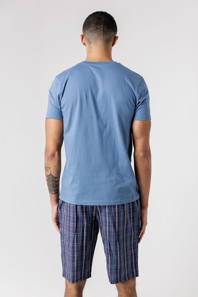 Tokyo Laundry Tokyo Laundry Men's Crew Neck T-Shirt & Checked Shorts Pyjama Set in Mid Blue - 2