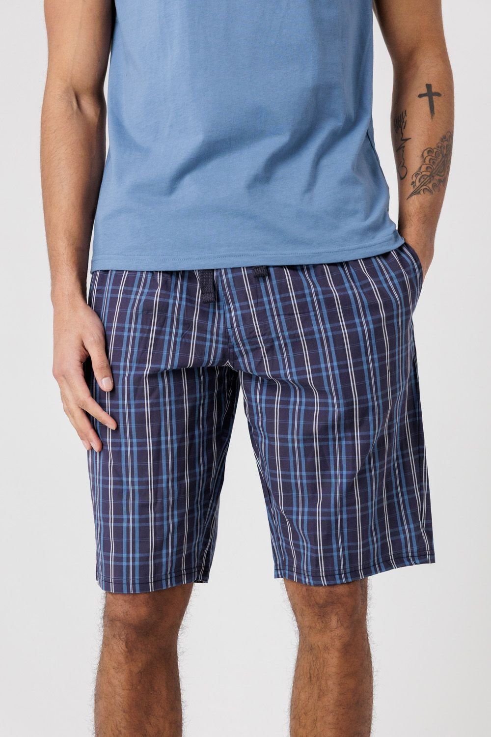 Tokyo Laundry Tokyo Laundry Men's Crew Neck T-Shirt & Checked Shorts Pyjama Set in Mid Blue - 4