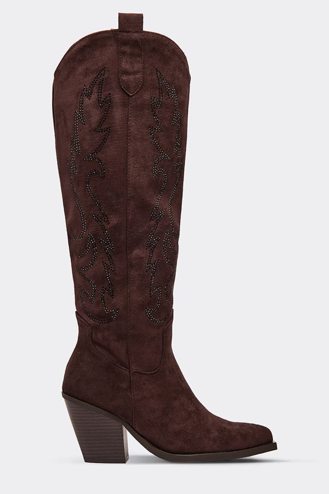 EGO EGO Women's Knee High Embroidered Faux Suede Block Heel Boots in Dark Brown - 2