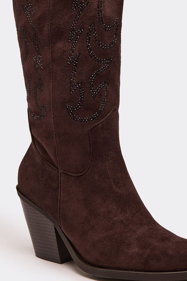 EGO EGO Women's Knee High Embroidered Faux Suede Block Heel Boots in Dark Brown - 3