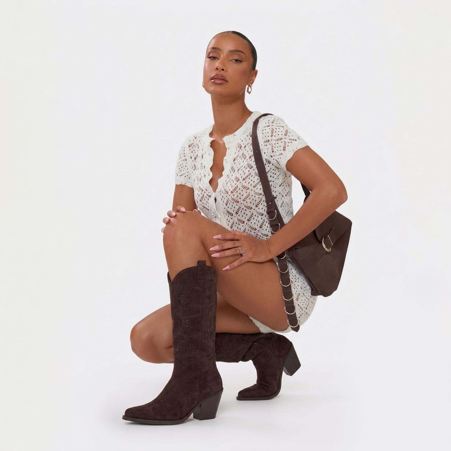 EGO EGO Women's Knee High Embroidered Faux Suede Block Heel Boots in Dark Brown - 4