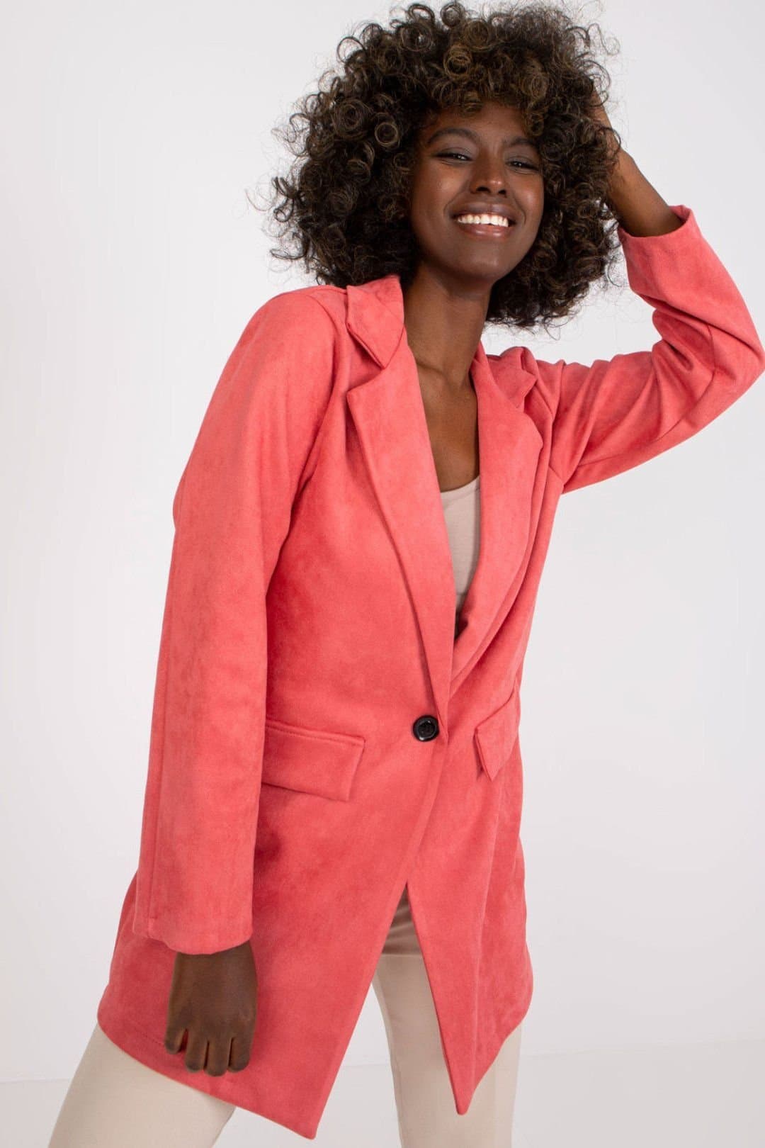 Love Lace Love Lace Women's Imitation Suede Button Front Long Sleeve Jacket in Pink