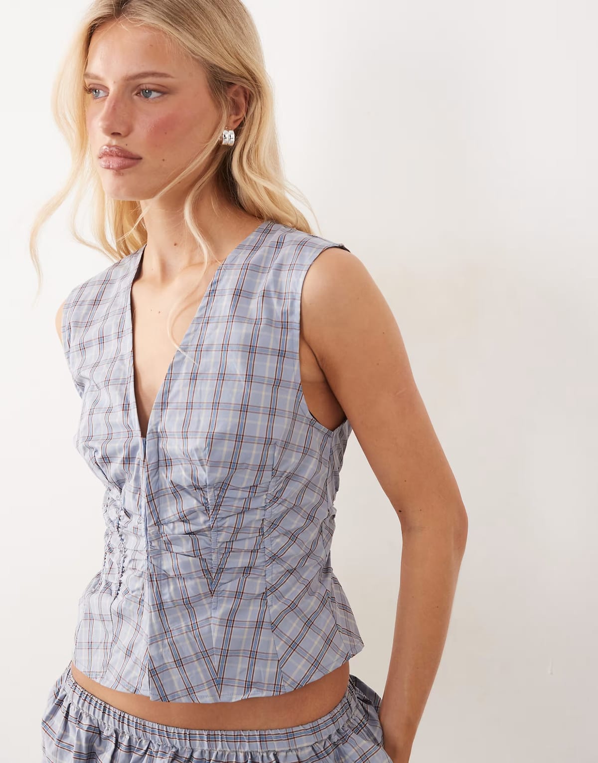 ASOS Mango Cumin ruched sleeveless top co-ord in blue check - 1
