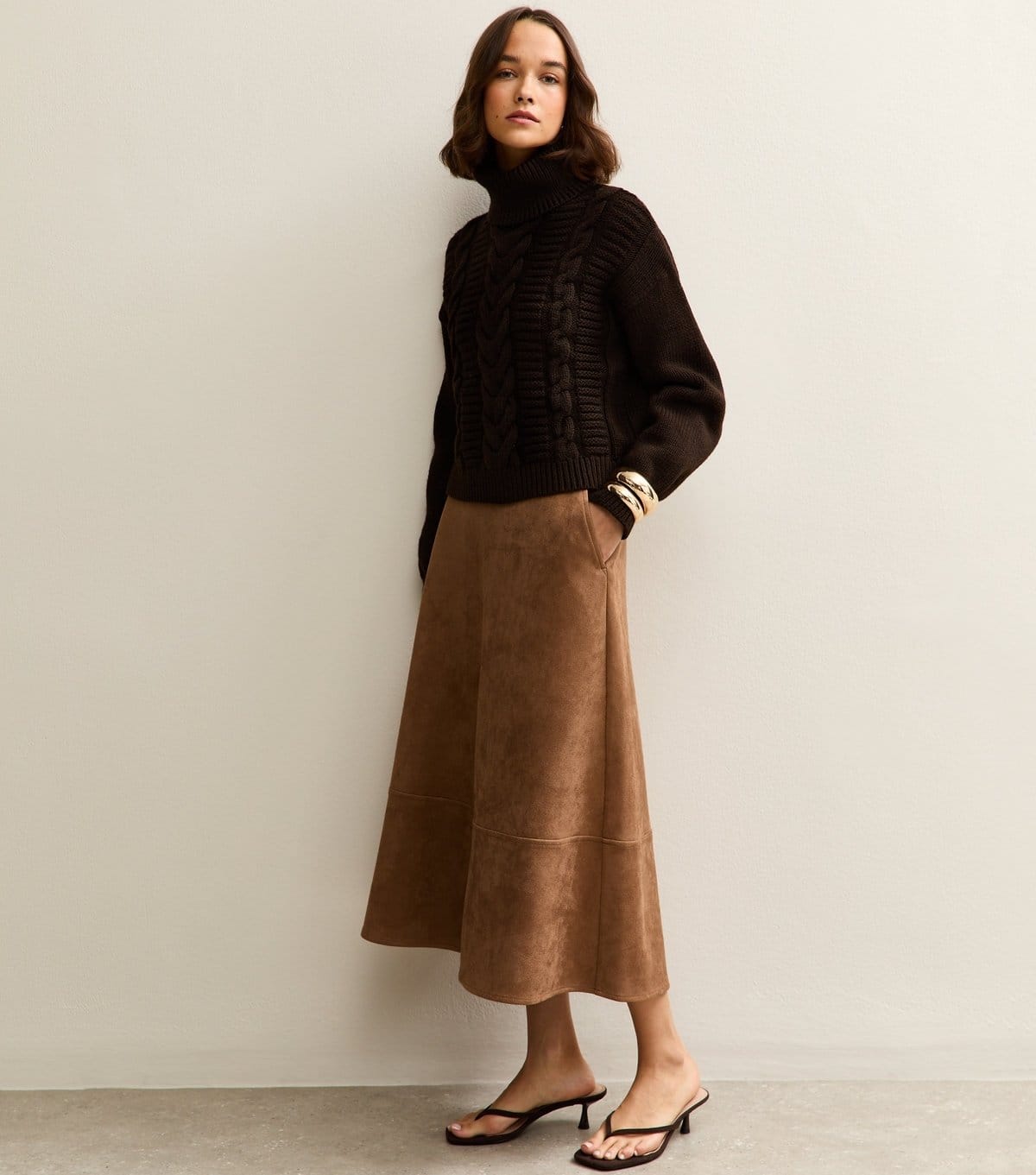New Look Tan Faux Suede A-Line Midi Skirt