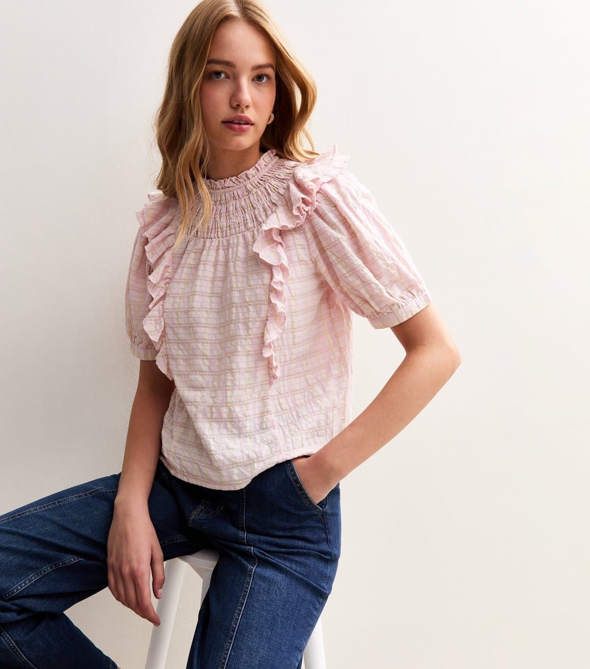 New Look Women's Pink Checked Frill Trim Top New Look