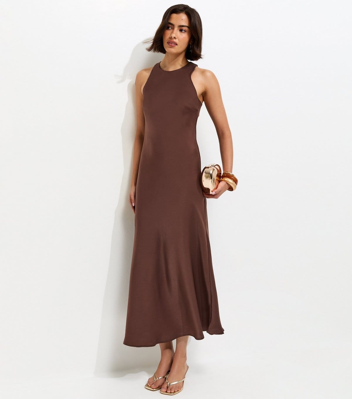 New Look Dark Brown Satin High Neck Maxi Dress