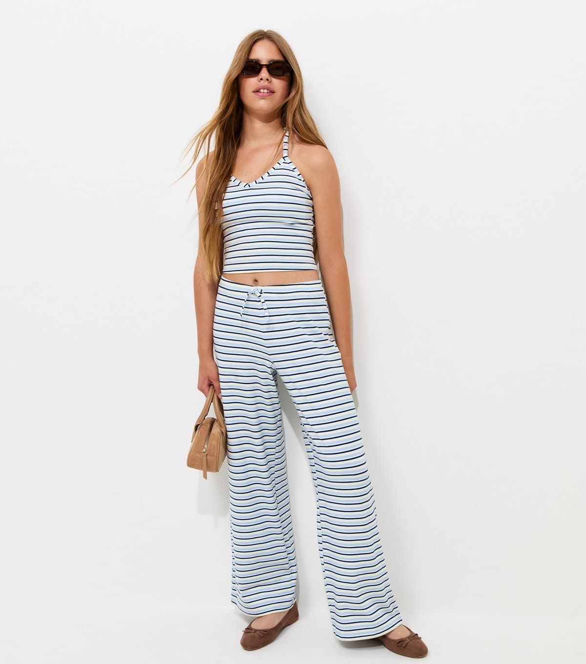 New Look Girls' Blue Cotton-Rich Striped Wide Leg Trousers New Look