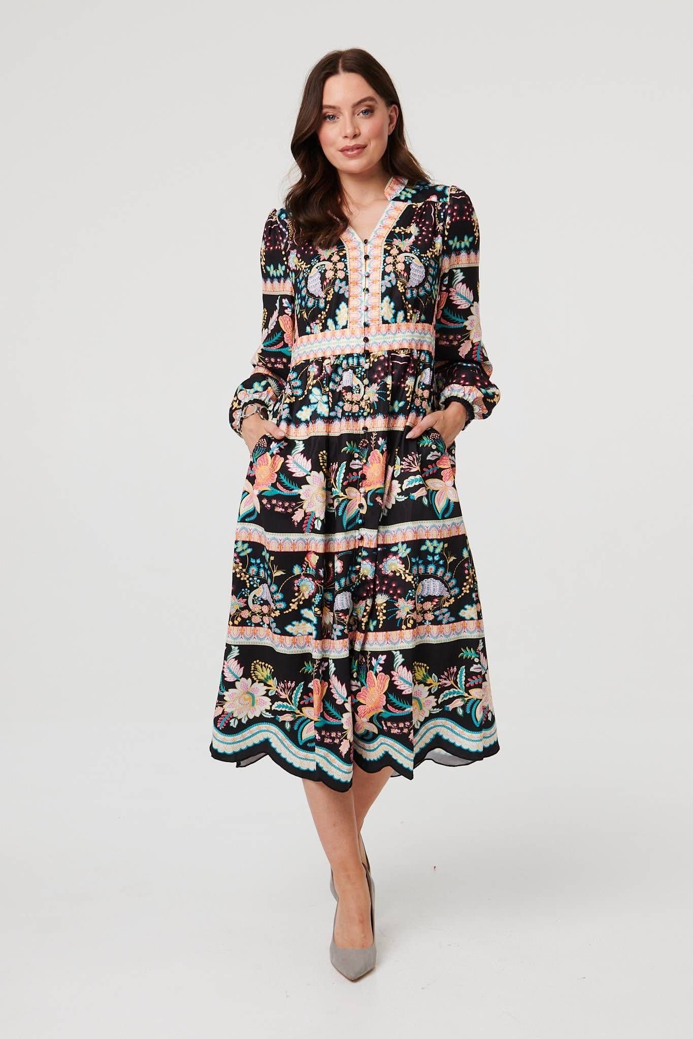 Izabel London Izabel London Women's Floral Long Sleeve Buttoned Midi Dress in Black