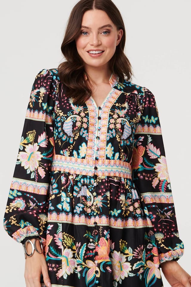 Izabel London Izabel London Women's Floral Long Sleeve Buttoned Midi Dress in Black - 2