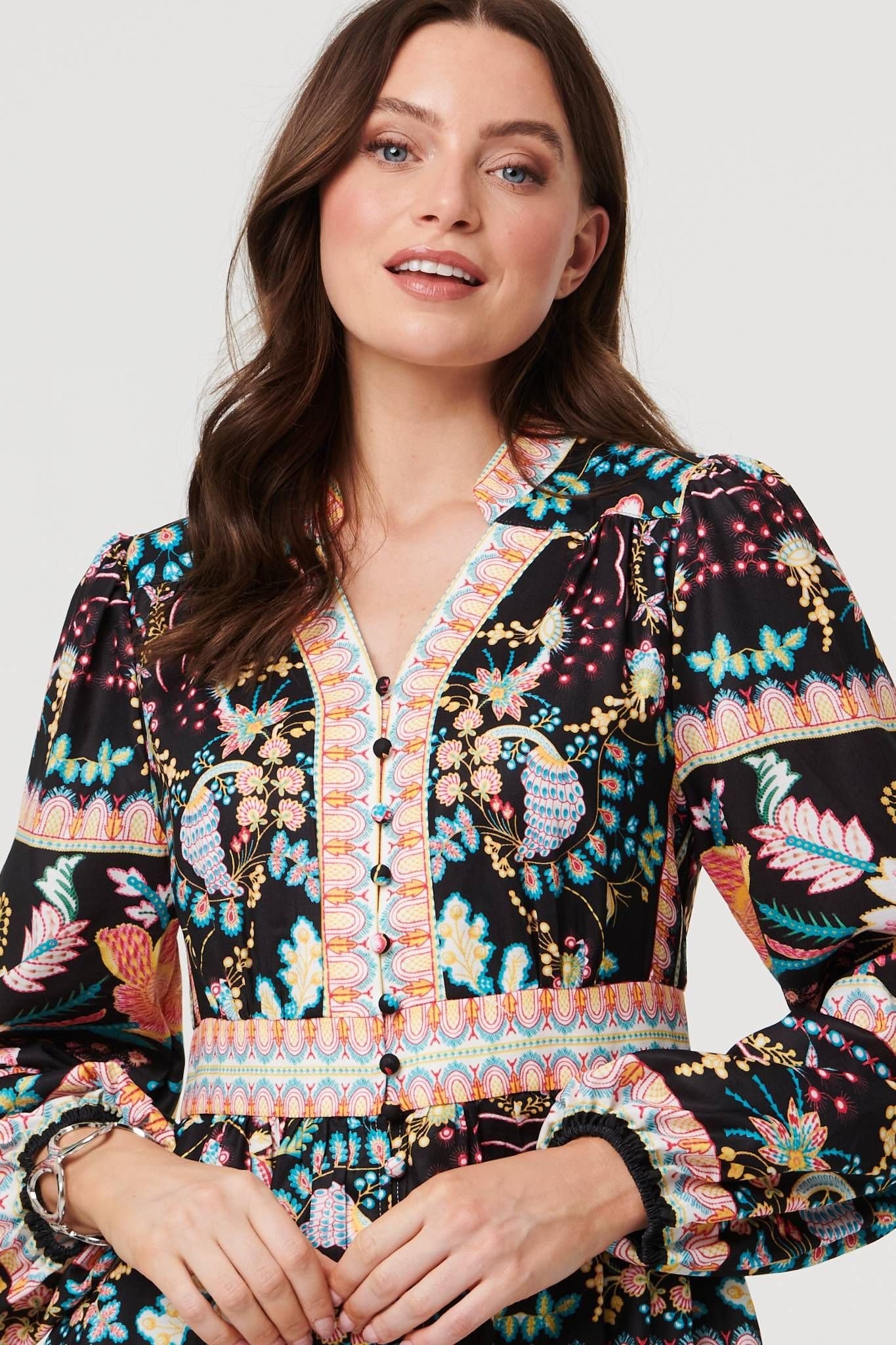 Izabel London Izabel London Women's Floral Long Sleeve Buttoned Midi Dress in Black - 4