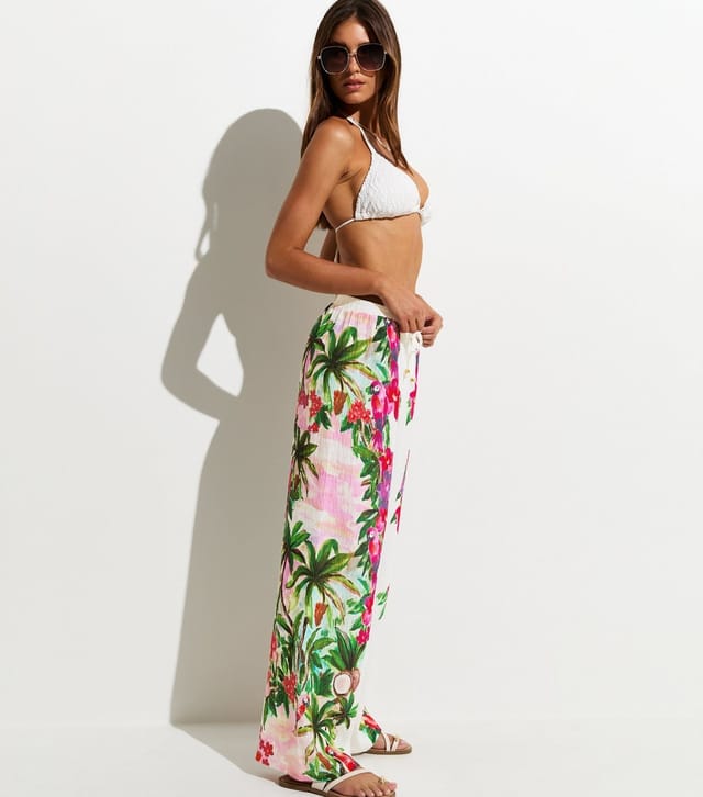 New Look Women's White Crinkle Texture Parrot Print Beach Trousers New Look - 3