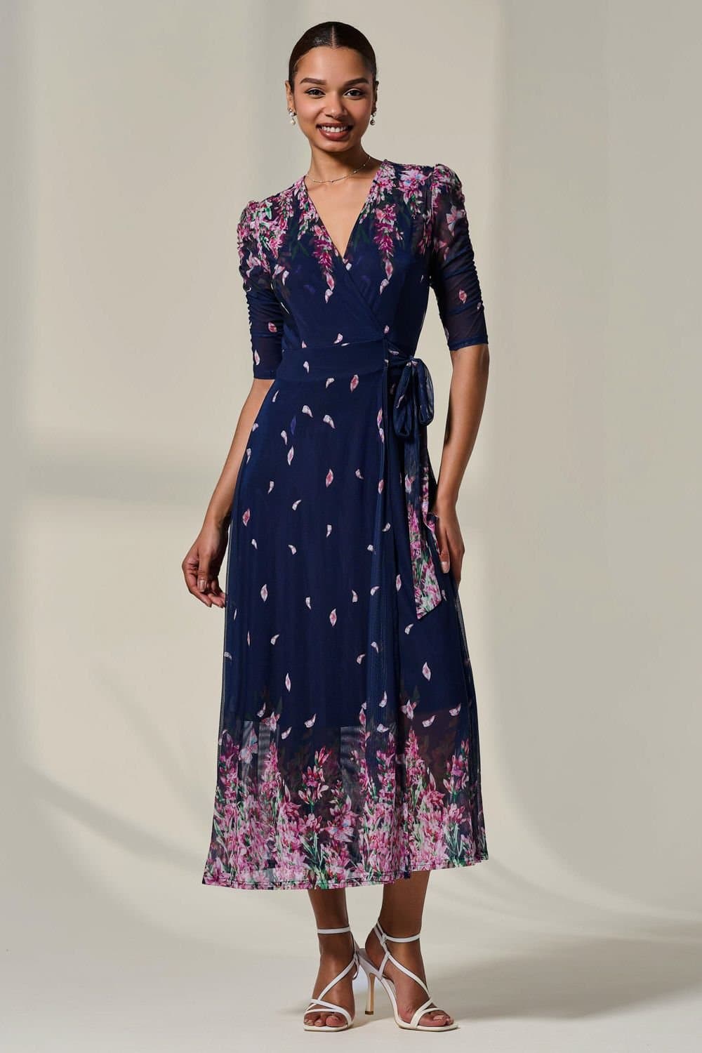 Jolie Moi Jolie Moi Women's Half Sleeve Floral Wrap Dress in Navy