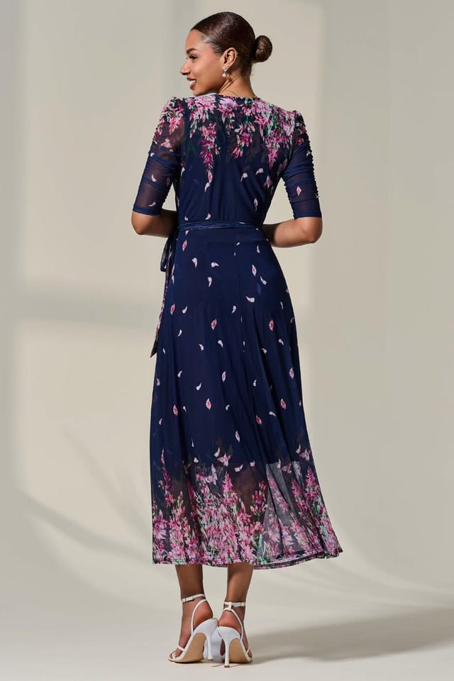 Jolie Moi Jolie Moi Women's Half Sleeve Floral Wrap Dress in Navy - 2