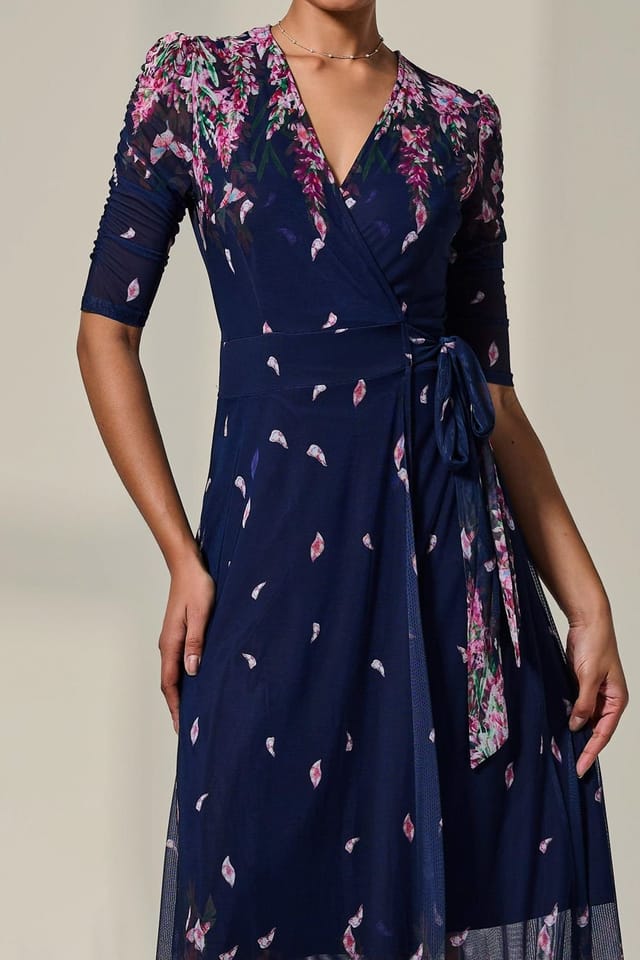 Jolie Moi Jolie Moi Women's Half Sleeve Floral Wrap Dress in Navy - 3