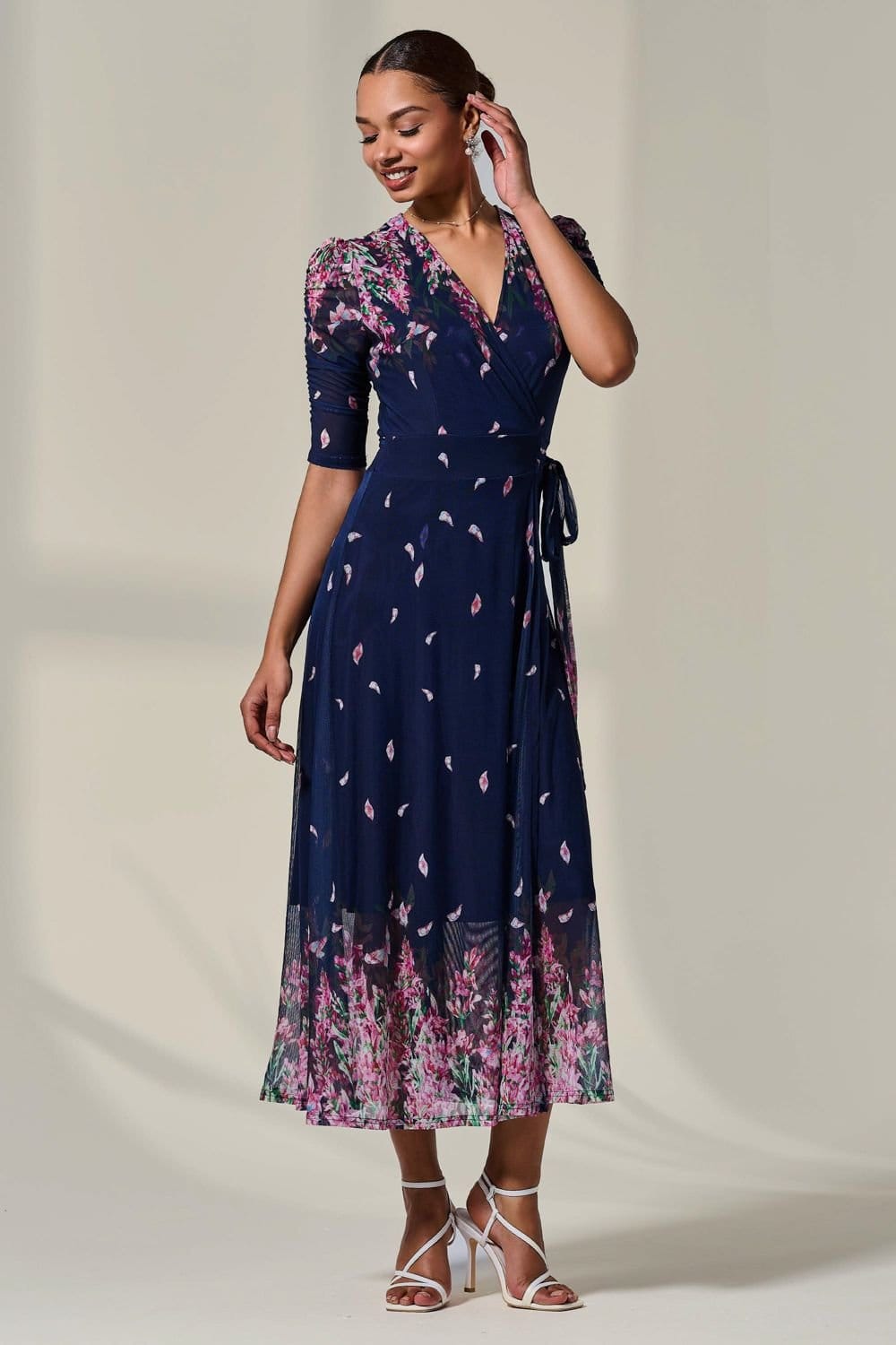 Jolie Moi Jolie Moi Women's Half Sleeve Floral Wrap Dress in Navy - 4