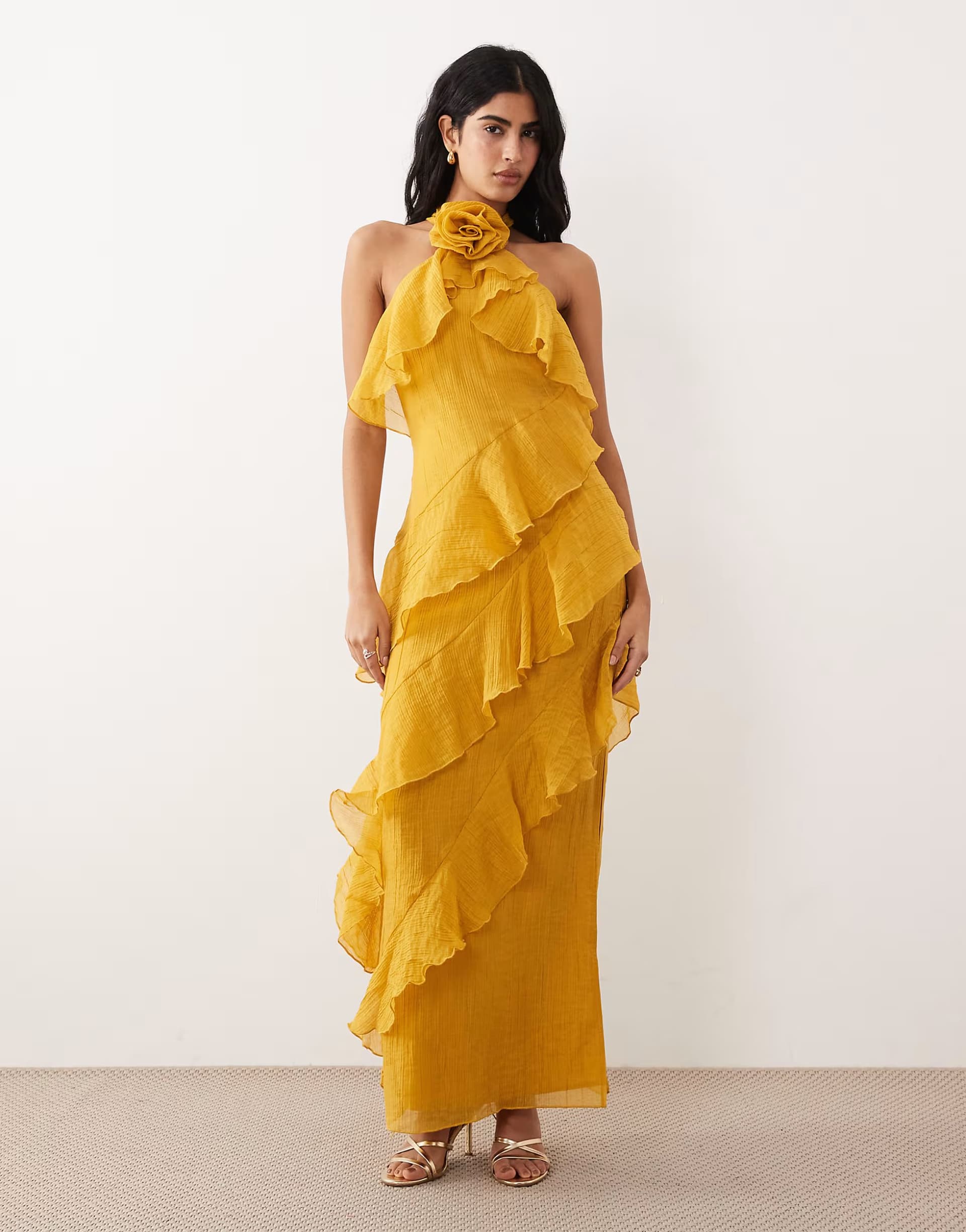 ASOS Pretty Lavish corsage halterneck asymmetric tiered ruffle maxi dress in yellow ochre