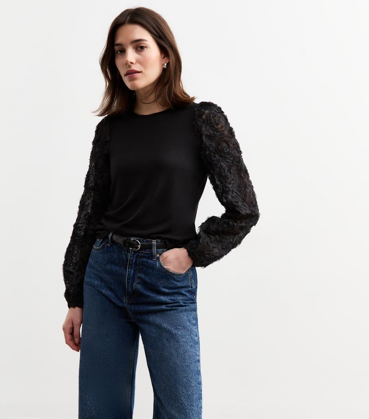 New Look Women's Black Rose Sleeve Top New Look