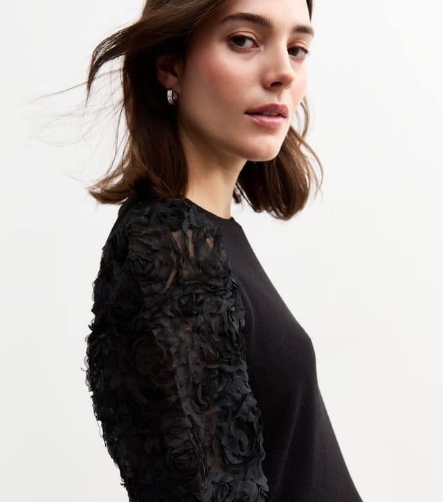 New Look Women's Black Rose Sleeve Top New Look - 2