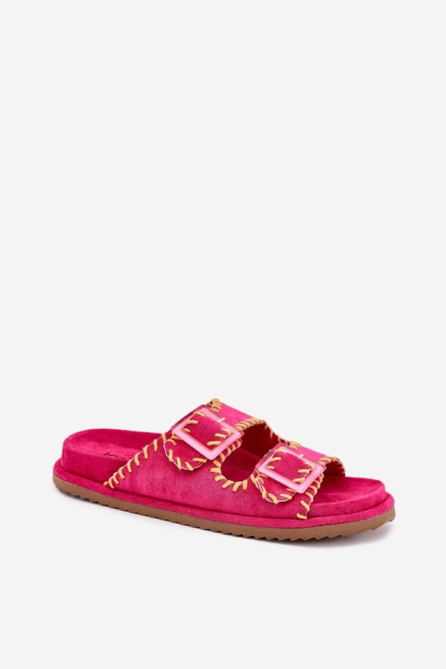 Love Lace Love Lace Women's Front Buckle Suede Slippers with Decorative Stitching Insole in Pink - 2