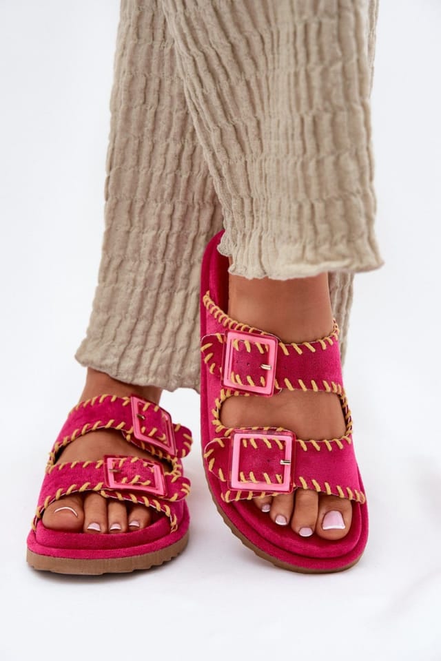 Love Lace Love Lace Women's Front Buckle Suede Slippers with Decorative Stitching Insole in Pink - 3