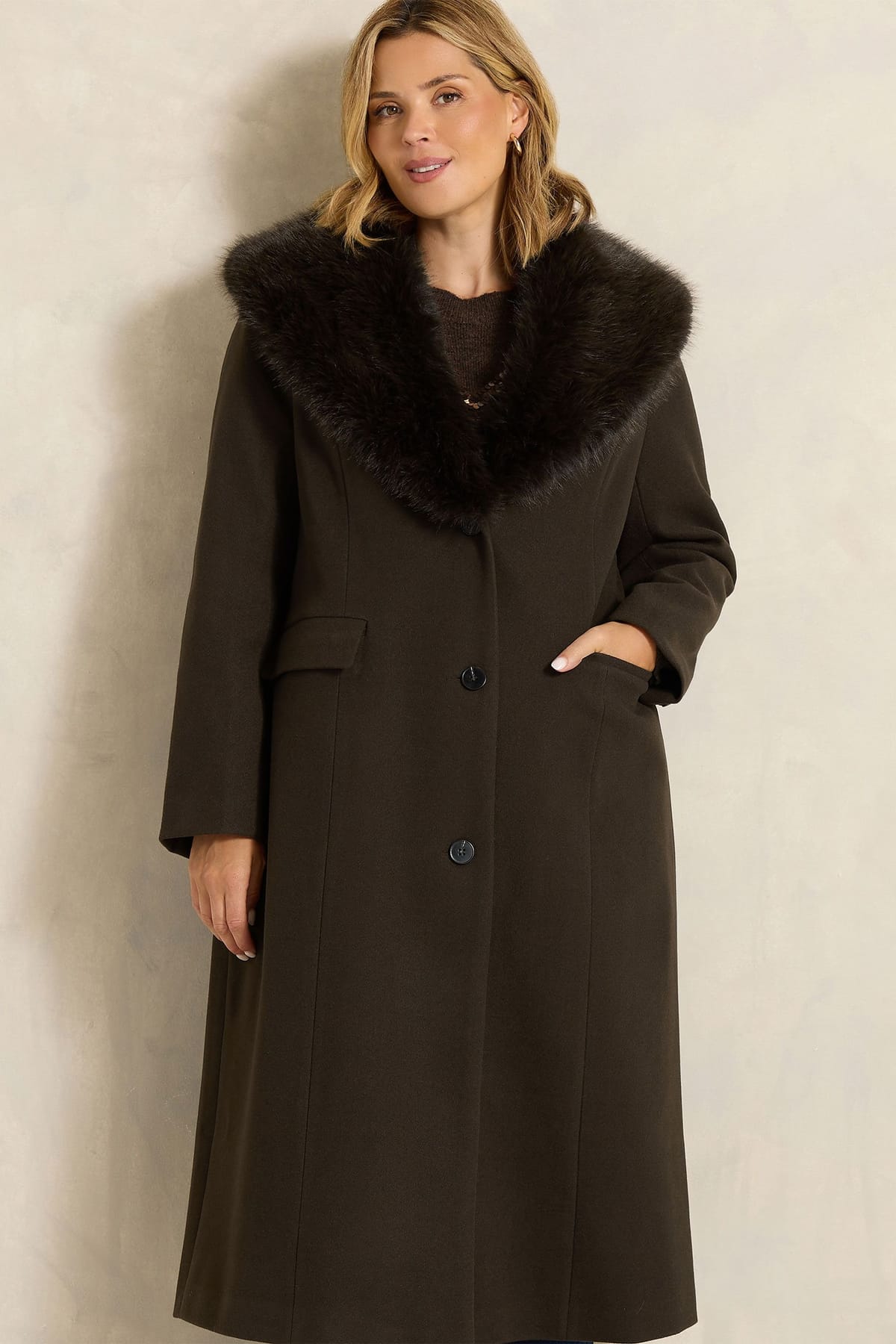 Evans Evans Women's Faux Fur Longline Coat in Brown - 1