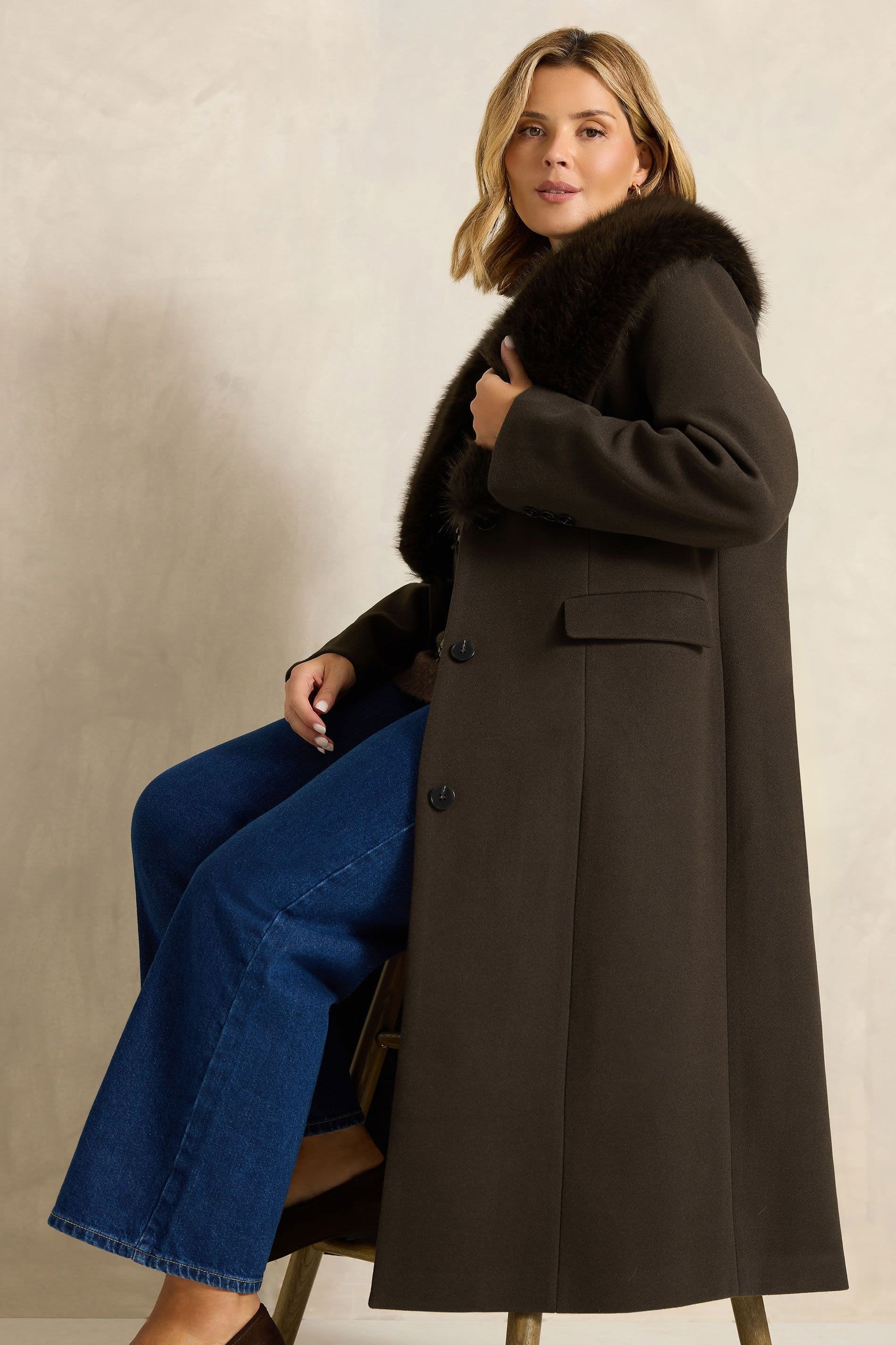 Evans Evans Women's Faux Fur Longline Coat in Brown - 4