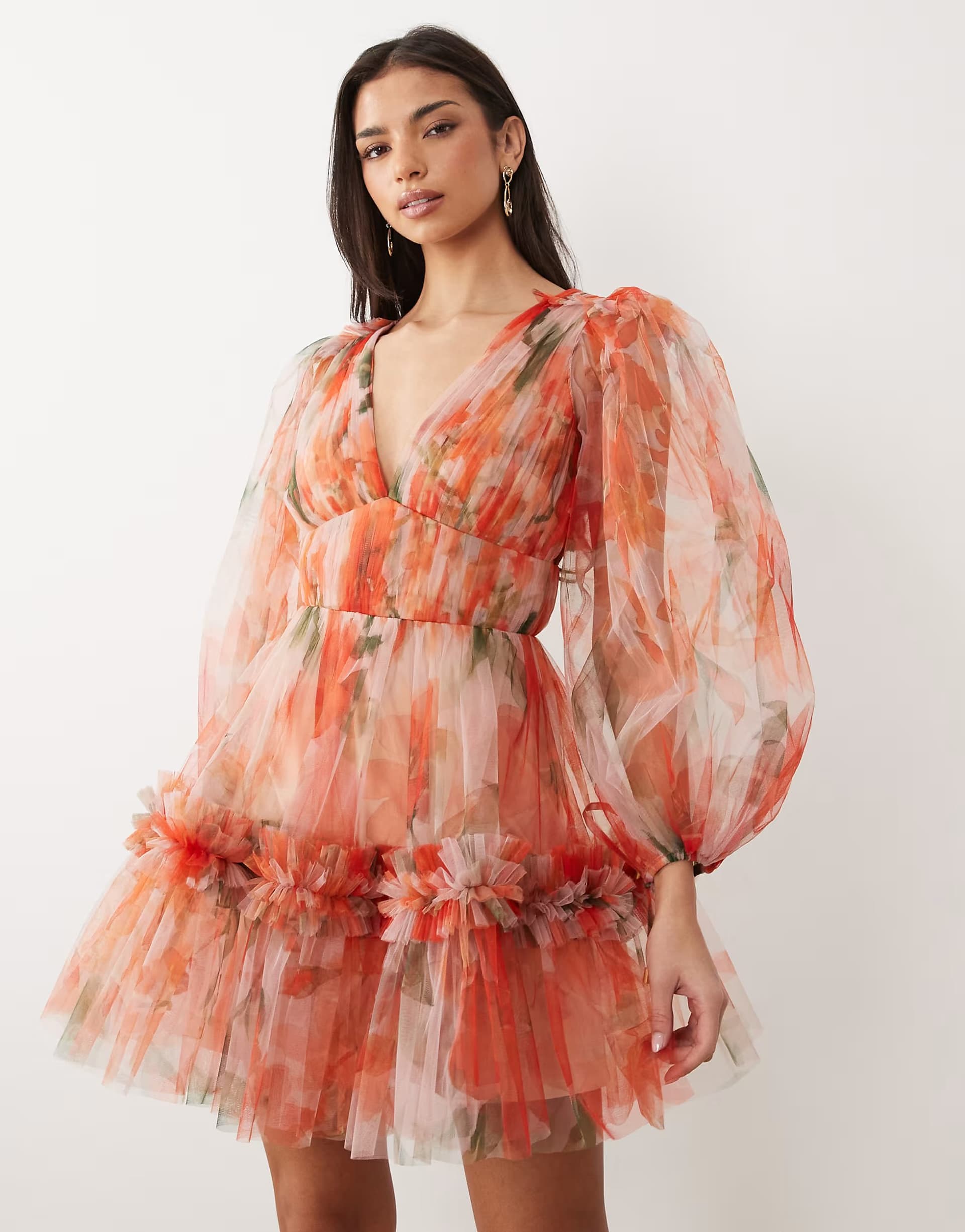 ASOS Lace & Beads balloon sleeve organza mini dress in orange poppy print