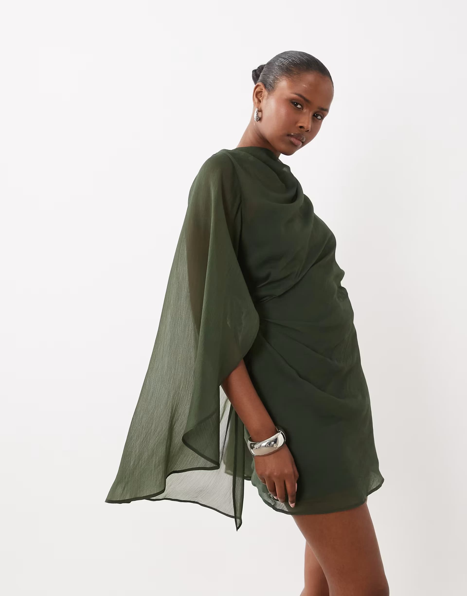 ASOS ASOS DESIGN high neck drape front extreme cape sleeve mini dress in khaki green