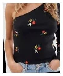 ASOS asos black floral embroidered one shoulder top size 10