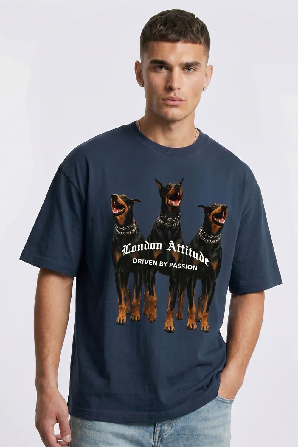 LONDON ATTITUDE LONDON ATTITUDE Men's Original Creators Doberman Oversized Heavyweight T-Shirt in Dark Blue