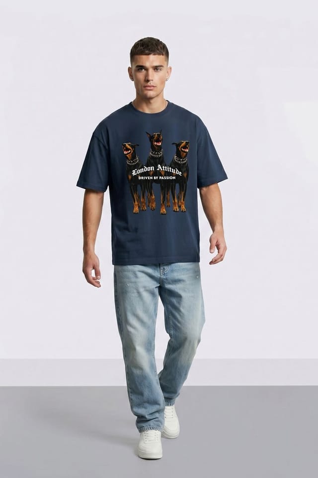 LONDON ATTITUDE LONDON ATTITUDE Men's Original Creators Doberman Oversized Heavyweight T-Shirt in Dark Blue - 3