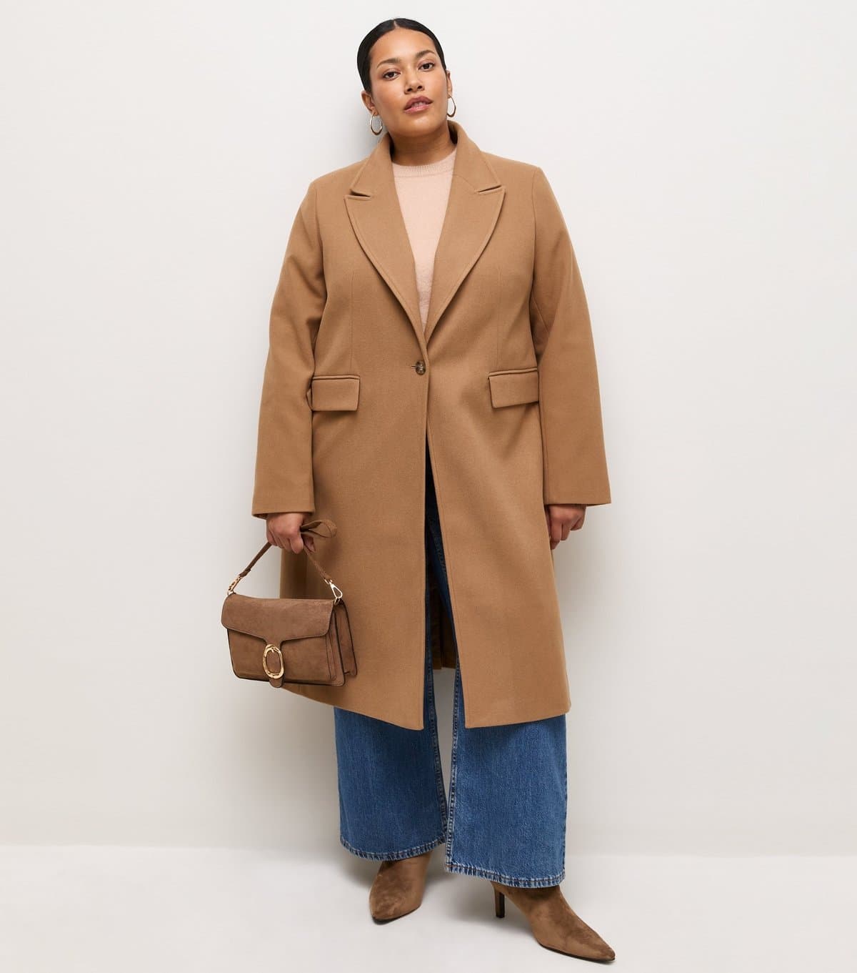 New Look Women's Plus Size Camel Peak Lapels Single Button Coat Curves New Look