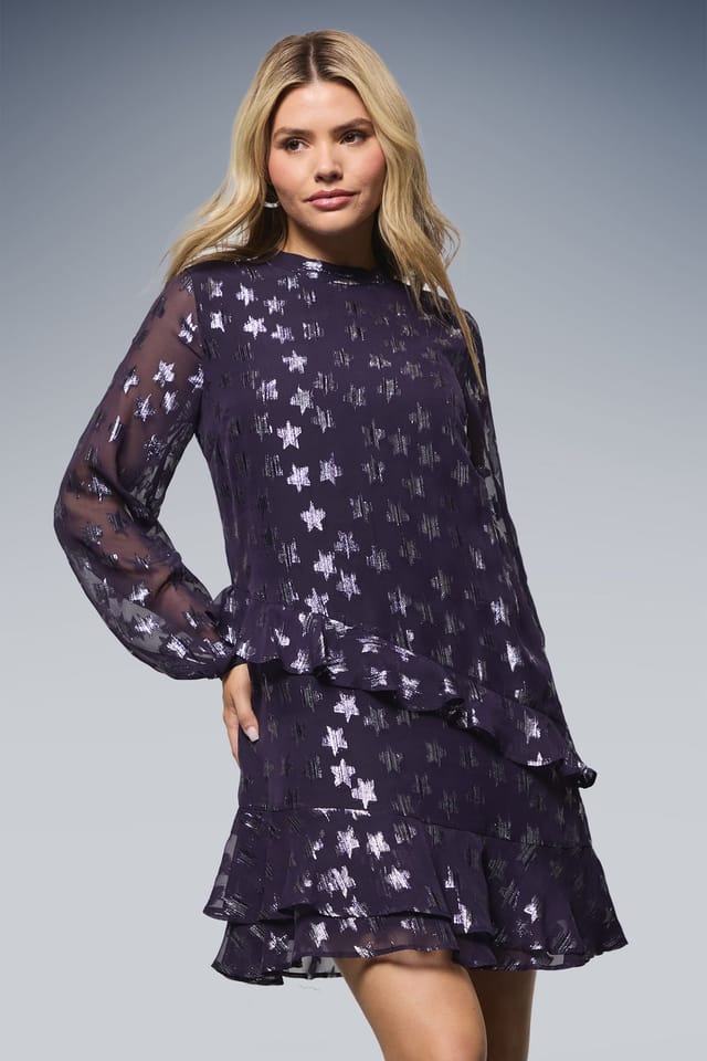 Dorothy Perkins Dorothy Perkins Women's DP Luxe Star Jacquard Ruffle Shift Mini Dress in Purple - 2