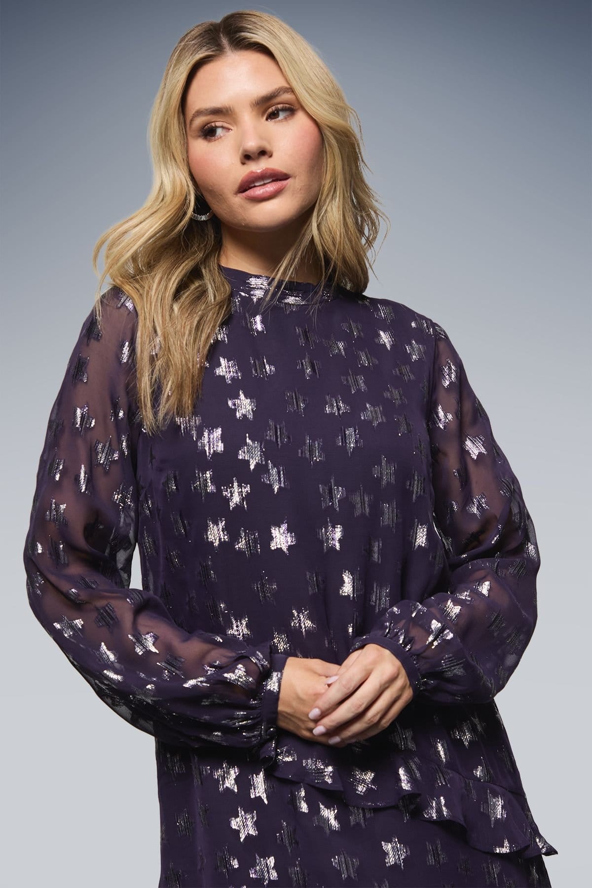 Dorothy Perkins Dorothy Perkins Women's DP Luxe Star Jacquard Ruffle Shift Mini Dress in Purple - 4