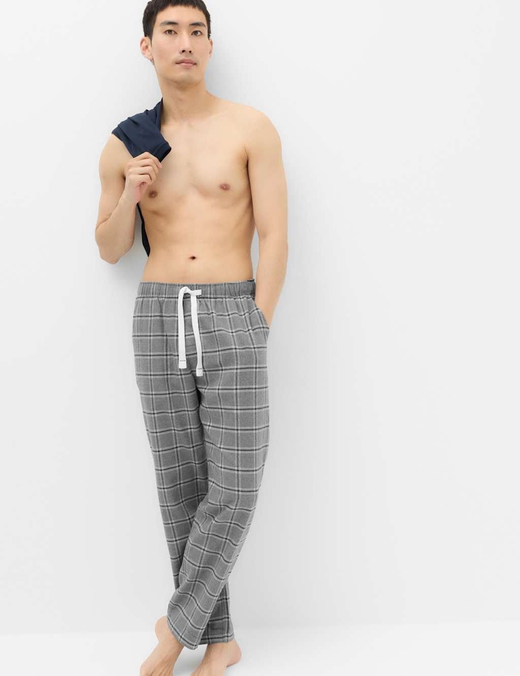 Marks & Spencer M&S Pure Cotton Checked Loungewear Bottoms Grey Mix - 1