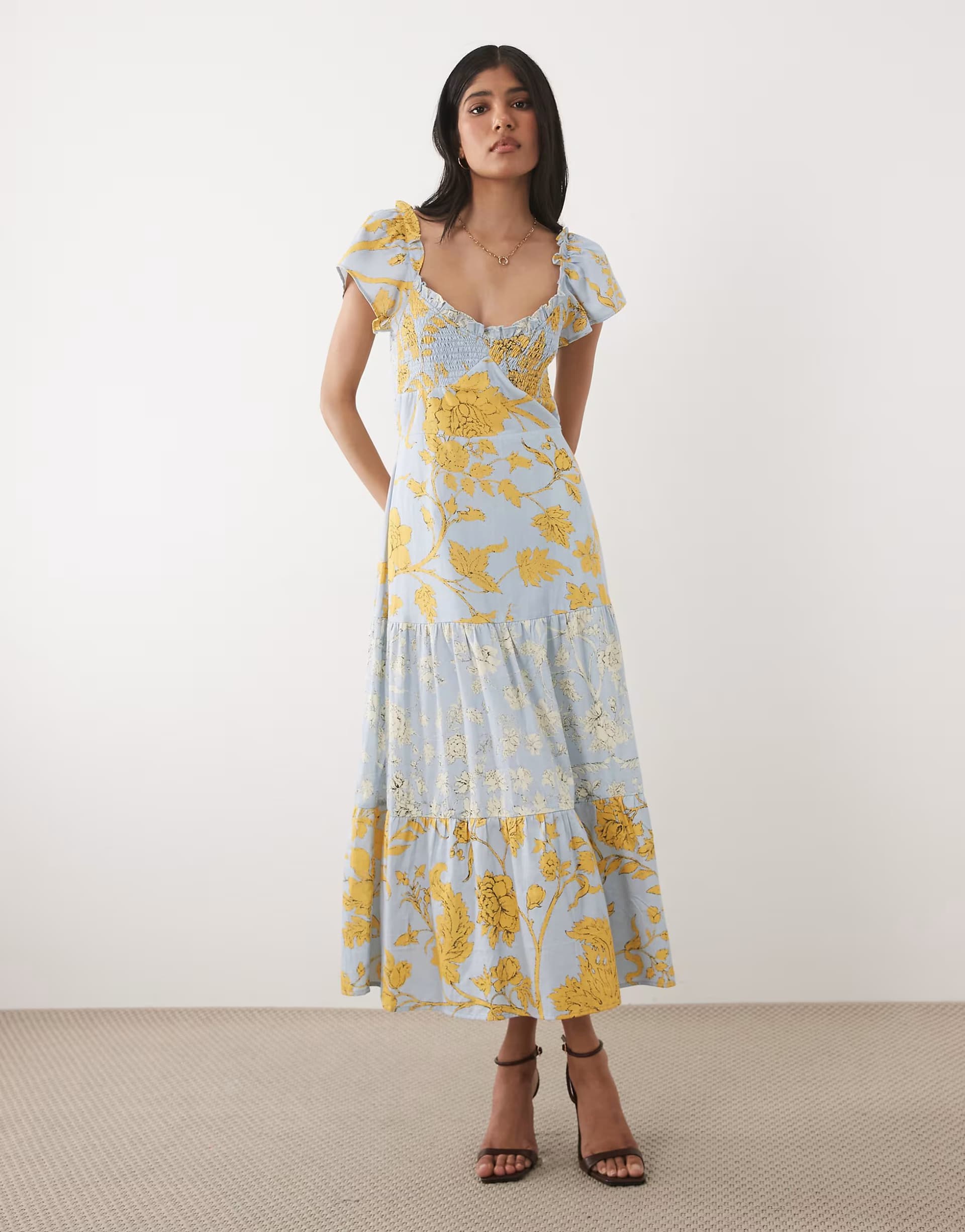 ASOS Hope & Ivy shirred bust tie back mix print midi dress in blue and yellow floral