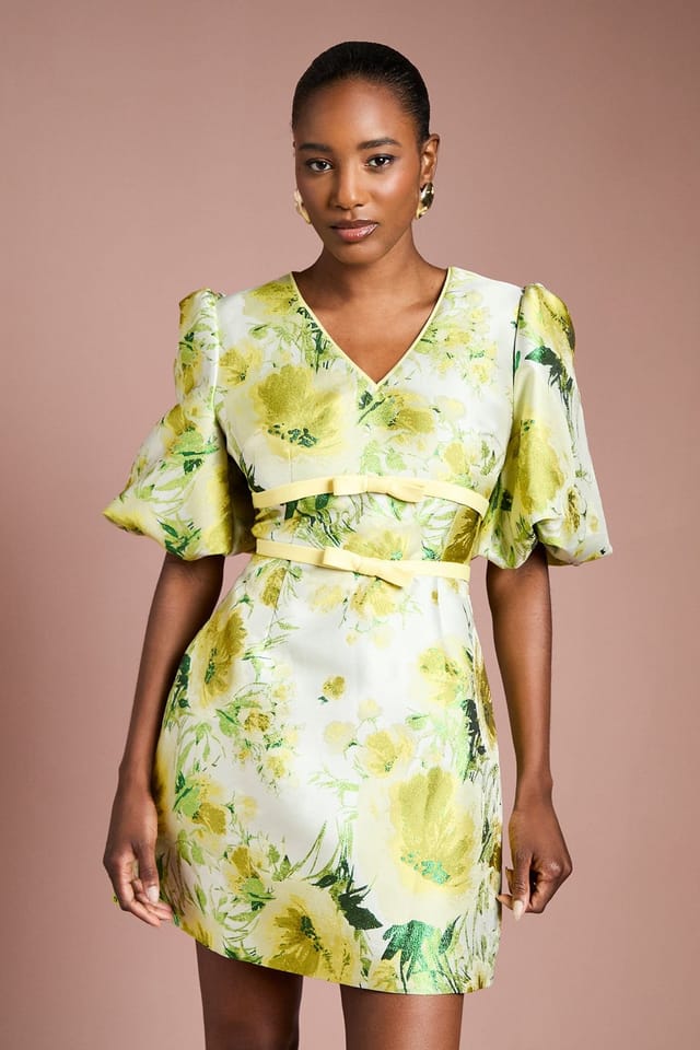 Coast Coast Women's Floral Jacquard Puff Sleeve Mini Dress in Yellow - 2