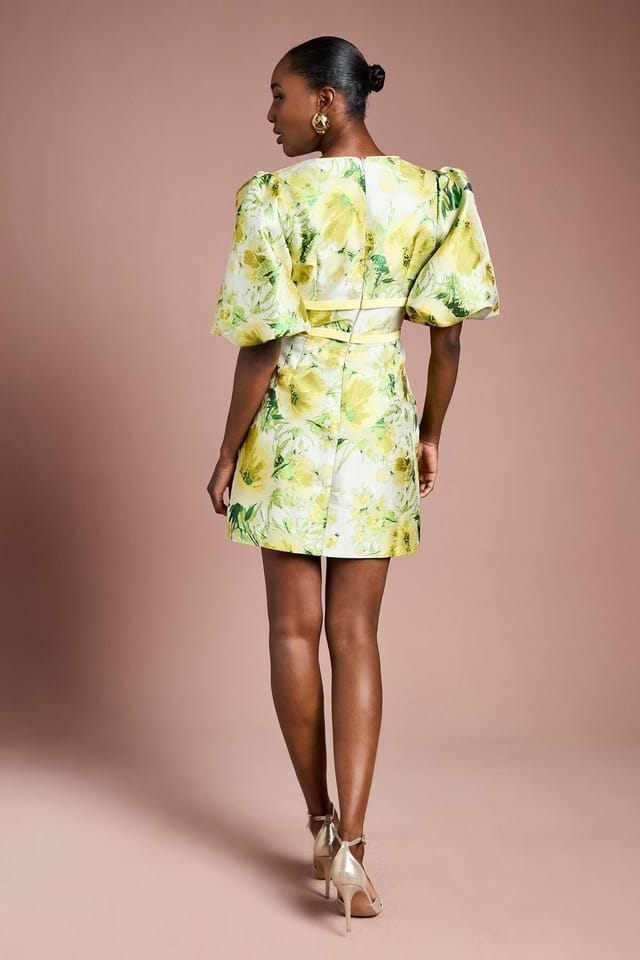 Coast Coast Women's Floral Jacquard Puff Sleeve Mini Dress in Yellow - 3
