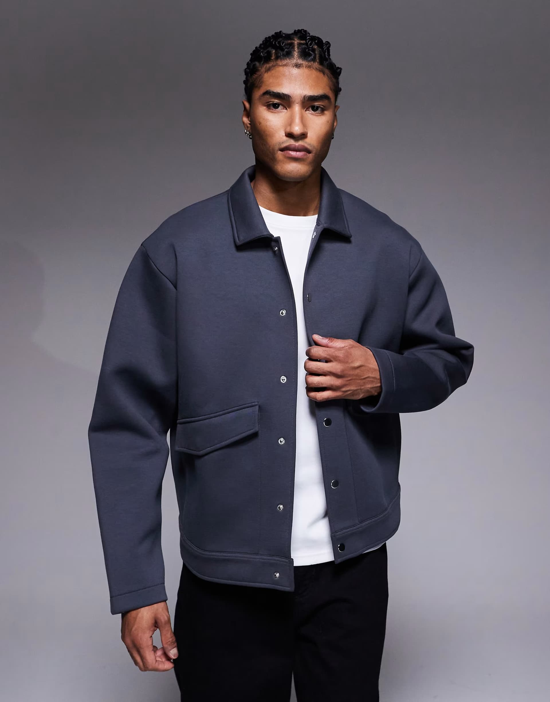 ASOS ASOS DESIGN heavyweight boxy relaxed overshirt in scuba-style fabric in charcoal - CHARCOAL