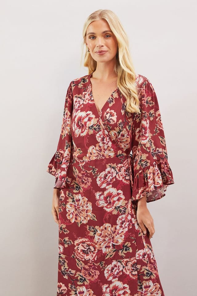 Wallis Wallis Women's Petite Floral Print Viscose Wrap Dress in Burgundy - 2