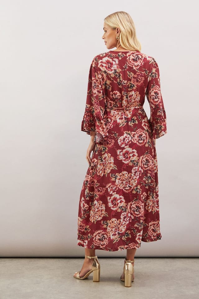 Wallis Wallis Women's Petite Floral Print Viscose Wrap Dress in Burgundy - 3