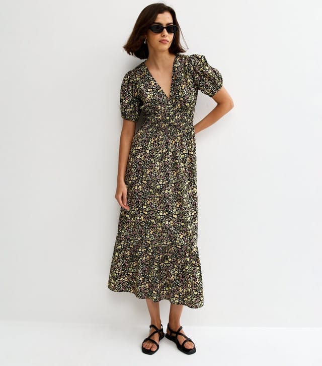 New Look Women's Black Crepe Floral Print V-Neck Short Sleeve Midi Dress New Look - 2